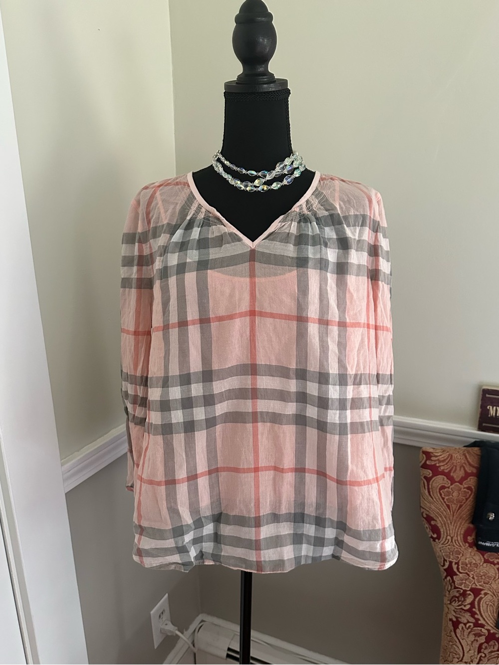 Burberry Pink Plaid V-Neck Blouse